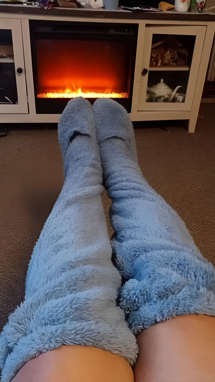 A woman lying down and wearing blue plush knee high socks.