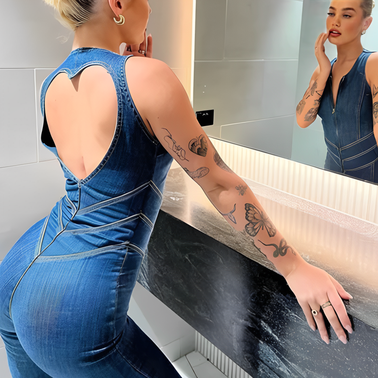 A woman in a bathroom wearing a blue backless heart denim jumpsuit.