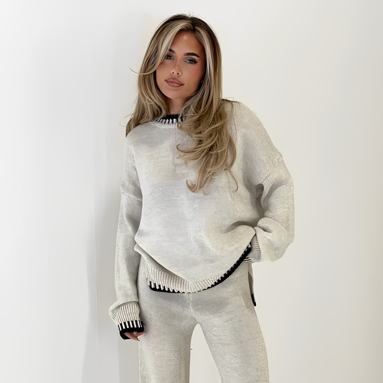 A woman wearing white knitted sweater and pants set.