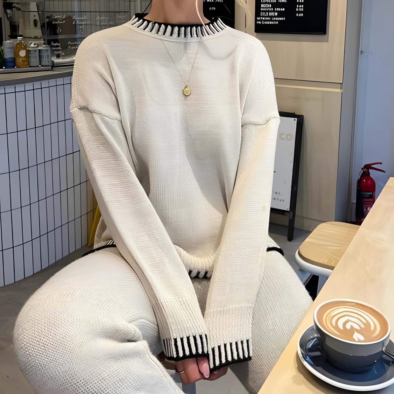A woman sitting in a bar and wearing white knitted sweater and pants set.