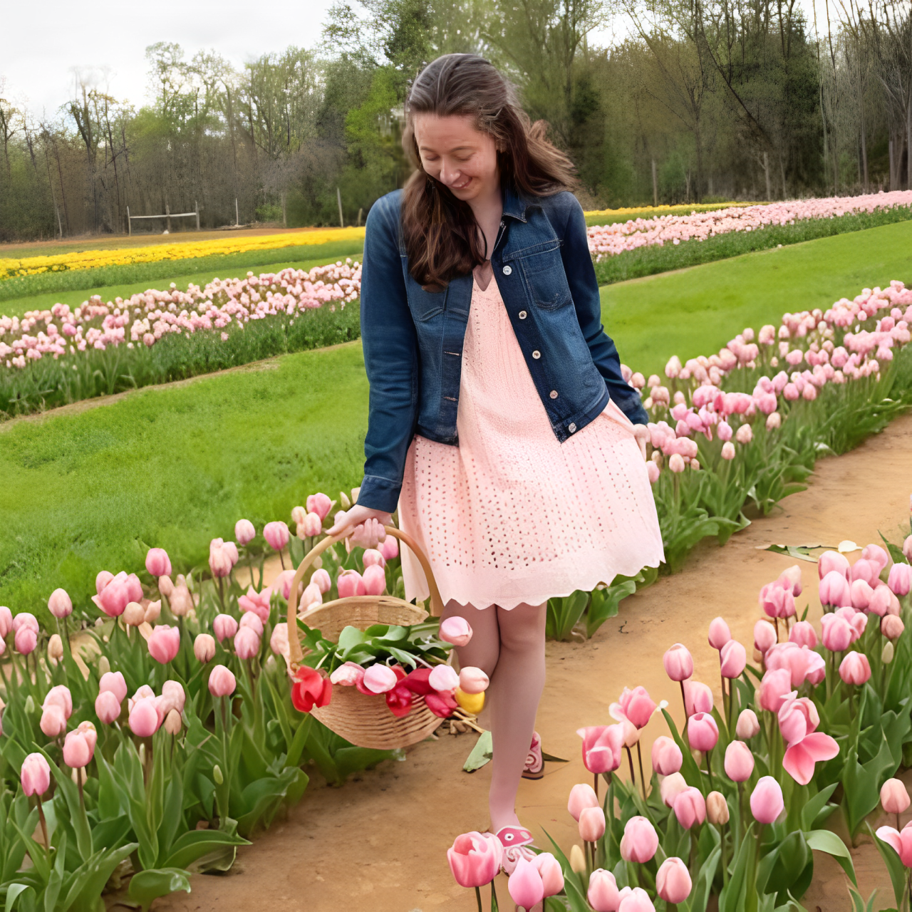 A woman standing in a field and wearing a pink romper pocket dress.